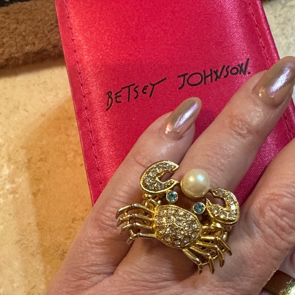 Betsey Johnson Gold Crab Ring with Pearl and Crystal Accents